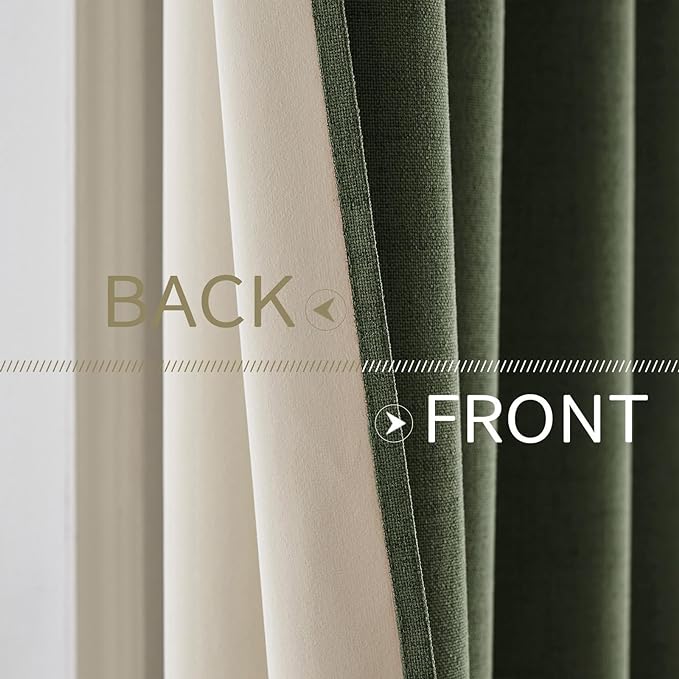 MIULEE 100% Blackout Linen Textured Curtains for Bedroom Solid Thermal Insulated Olive Green Grommet Room Darkening Curtains & Drapes Luxury Decor for Living Room 52 x 72 Inch (2 Panels)
