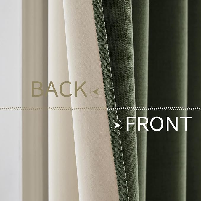 MIULEE 100% Blackout Linen Textured Curtains for Bedroom Solid Thermal Insulated Olive Green Grommet Room Darkening Curtains & Drapes Luxury Decor for Living Room 42 x 90 Inch (2 Panels)