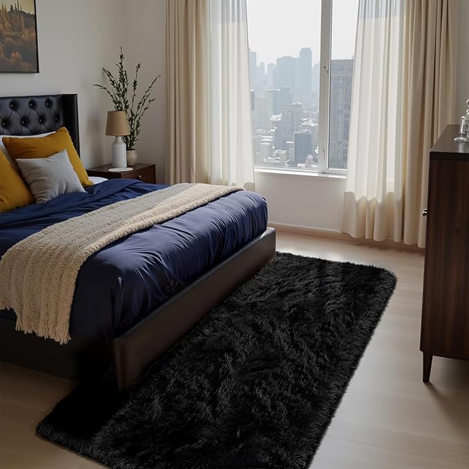 Soft Runner Rugs for Bedroom, Black 3x7 Area Rugs Fluffy Rug Shag Area Rug Carpet, Bedside Rug for Living Room Bedroom Room Home Decor
