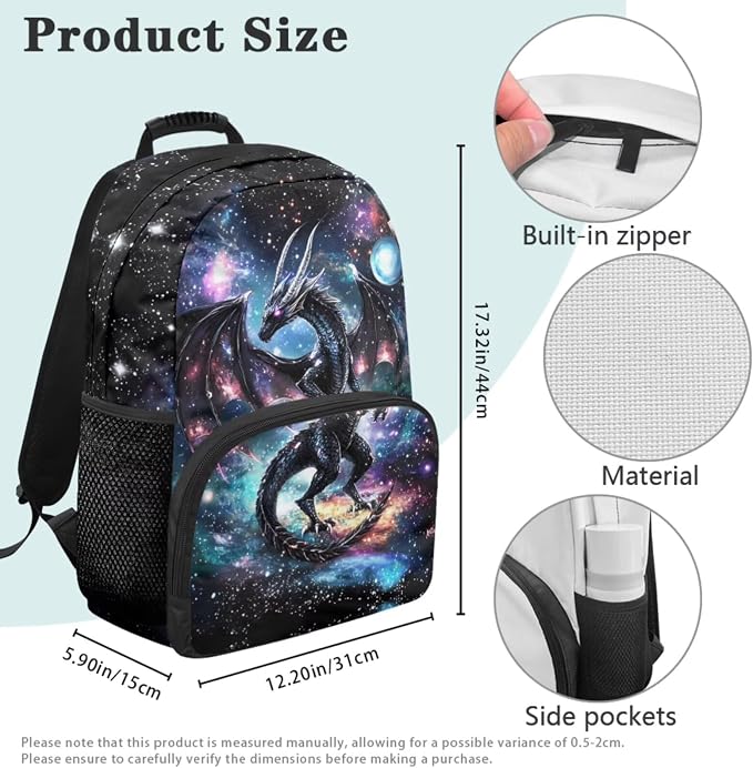 Black Dragon Backpack for Boys Girls Ages 7-10, Starry Night Elementary School Bookbag with Lunch Box 4 PCS Set, 17" H for Kids Back to School Supplies