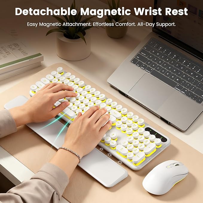 Wireless Keyboard and Mouse Combo, Backlit Round Keycaps, Retro Typewriter Keyboard with Detachable Wrist Rest, Rechargeable & Tilt Legs, 2.4GHz Cordless Connection for Windows/PC (Glowing White)