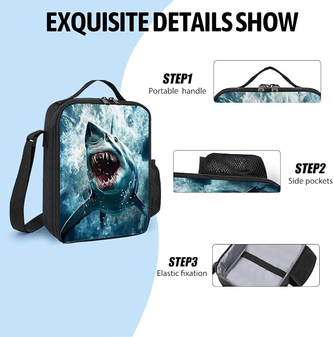 3PCS Shark Print Backpack for Boys Girls Teens, School Backpack with Lunch Box Pencil Case for Elementary Middle High Students, 17 Inch Lightweight Bookpack 3 in 1 Set Back to Shool Gifts for Kids