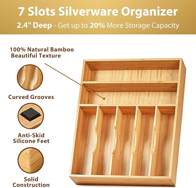 Kitchen Drawer Organizer, 12.5 Inch Silverware Utensil Tray Holder, Extra Deep, with Non-Slip Feet & Grooved Drawer Divider, 7 Slots Total Bamboo Wood Caddy for Flatware Cutlery Knives