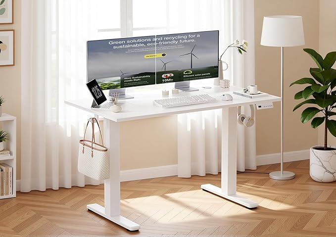Claiks Electric Standing Desk, Adjustable Height Stand up Desk, 48x24 Inches Sit Stand Home Office Desk with Splice Board, White Frame/Cold White Top