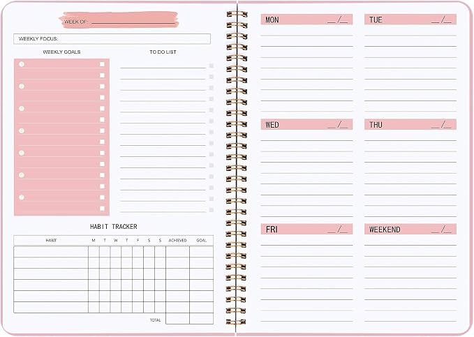 Undated Weekly Planner - Weekly Goals Notebook with To Do List, Habit Tracker, Daily Schedule Journal with Spiral Binding, 5.7 x 8.0 inches,Productivity Organizer Notebook for Work, School, Home, Pink