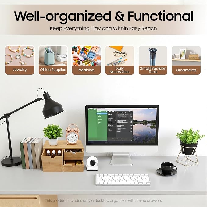 Desk Organizer, Office Vanity Bamboo Desk Organizer, Mini Bamboo Desk Drawer Tabletop Storage Box with 3 Drawer Night Stand Table Organizer for Makeup Vanity Office Supplies (3 Drawer, 1 Left+2 Right)