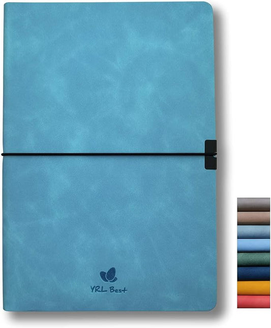 Softcover Bullet Notebook Journal, Dotted/Dot Grid, A5, 5.8x8.3 Inches, Premium Faux Leather, Creamy Thick Paper, Sewn Bound, Elastic Band, Inner Pocket, Pen Loop, Lays Flat, Azure