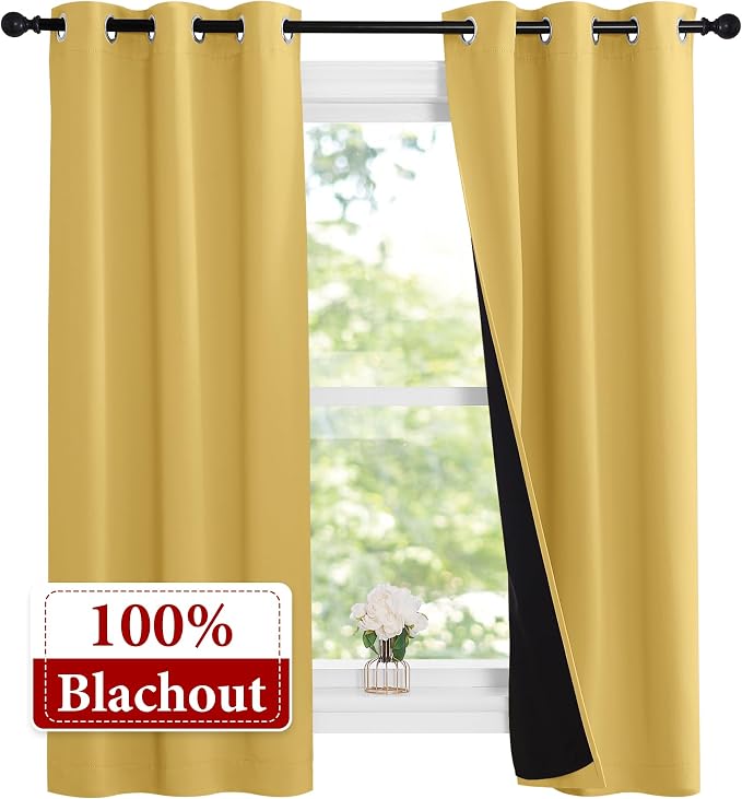 NICETOWN 100% Blackout Short Curtains with Black Liners, 2 Panels, 37" W by 60" L, Bright Yellow, Thermal Insulated Full Blackout 2-Layer Lined Drapes, Energy Efficiency Window Draperies for Bedroom