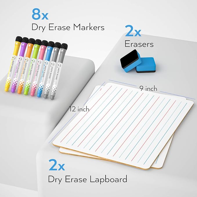 Nicpro Dry Erase Lap Board 9 x 12 inches 4 Pack Ruled Kid Double Sided Blank & Lined Small Lapboard with 8 Pens, 2 Eraser, Learning Mini Whiteboard Portable for Student and Classroom Use