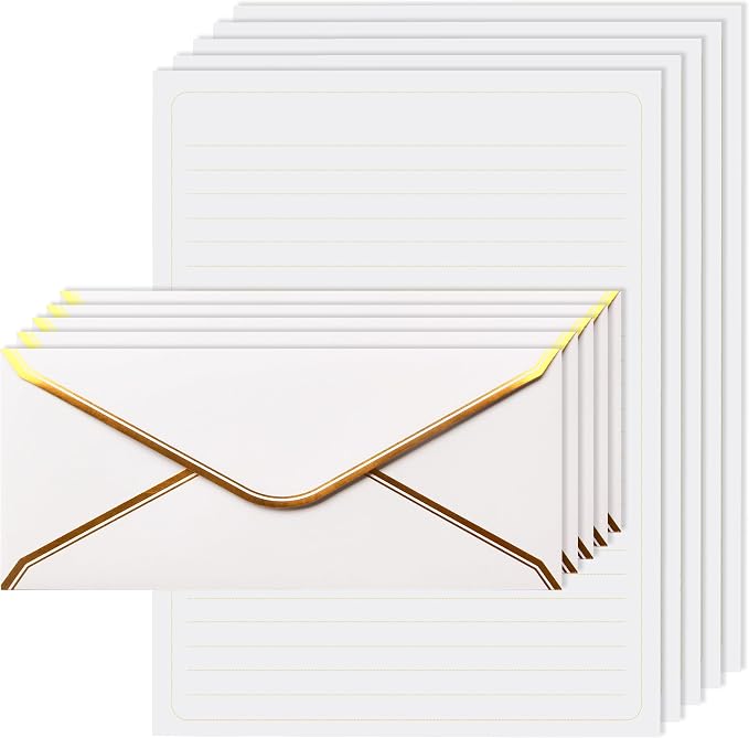 J6&H6 Gold Thread Stationary Paper and Envelopes Set Including 12 Standard Sized Phnom Penh Envelopes and 24 Sheets of Lined Paper Suitable for Daily Emotional Expression Formal Communication(White)