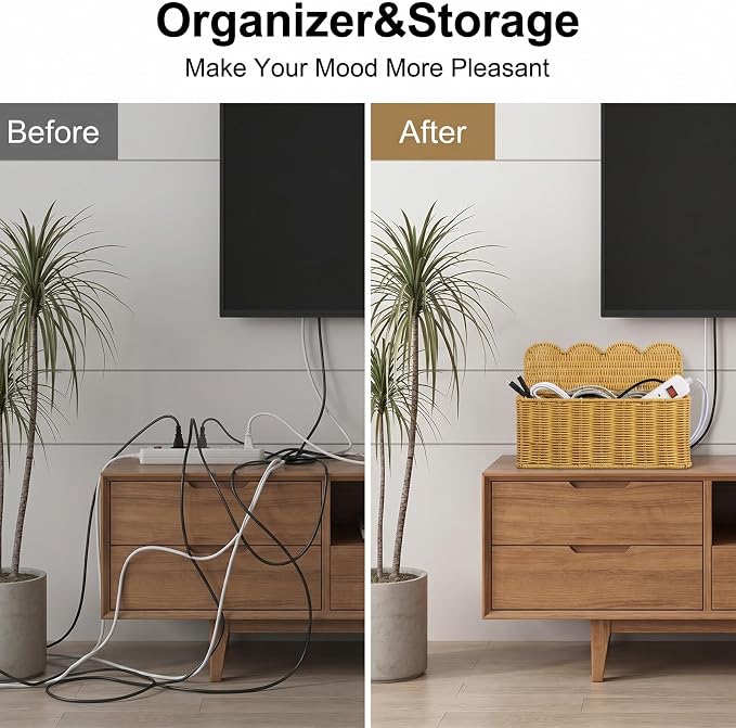 2PCS Cable Management Box, Handwoven Imitation Rattan Cord Organizer, Handmade Rattan Cable Organizer Wire Hider Box, Open Slots Cords Hider BoxCord Basket Under Desk Cord Organizers