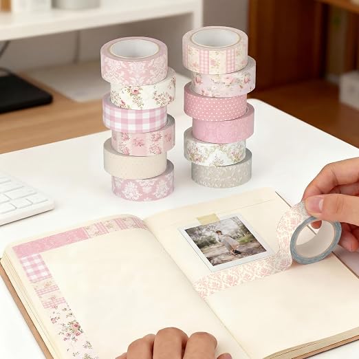 Gueevin 24 Rolls Watercolor Floral Washi Tape Set 15 mm Seasonal Flower Decorative Washi Tape for Craft Arts DIY Scrapbook Journaling Supplies Gift Wrapping(Roses and Lace)