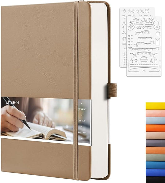 EMSHOI Dotted Journal Notebook, 256 Pages, 120 GSM Thick Paper, A5 Small 5.75"x8.38", PU Leather Hardcover, 5mm Dot Grid Notebook for Journaling, Planning, Drawing, Writing, Khaki