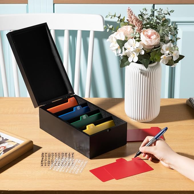 3 x 5 Inch Index Card Holder Set, Bamboo Organizer Box with 50 Dividers & 2 Sheets Alphabet Number Stickers File Note Holders, Holds 1200 Cards for Office Business Home Kitchen, Black
