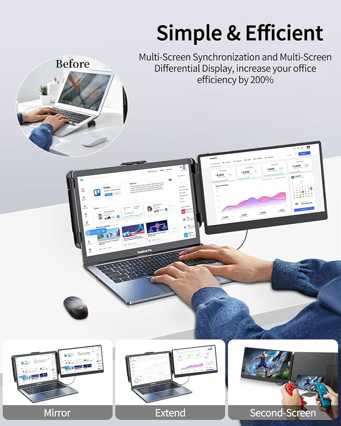 Macsecor Laptop Screen Extender, 14.1'' FHD 1080P Ultra-Slim Portable Monitor for Laptops, USB-C/HDMI Travel Monitor Extender Plug & Play for 13"-16" Laptop, Compatible with Wins/Mac/Android/Chrome