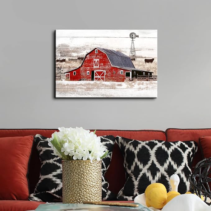 Farmhouse Barn Wall Art Rustic Windmill Wall Decor for Living Room Kitchen, Country Landscape Painting, Vintage Highland Cow Canvas Prints Rustic Old Barn Poster Artwork Cabin Home Decoration 16x24”
