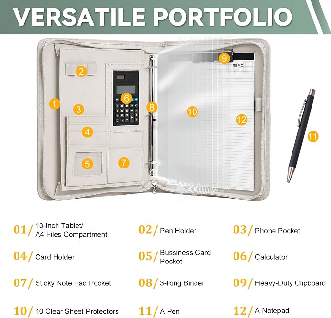 Leathario Portfolio Binder, Includes 5 Sheet Protectors and a Pen, 13 Inch Tablets Organizer, Vegan Leather A4 Padfolio, Multi-Pocket Notepad Business Planner Professional Document