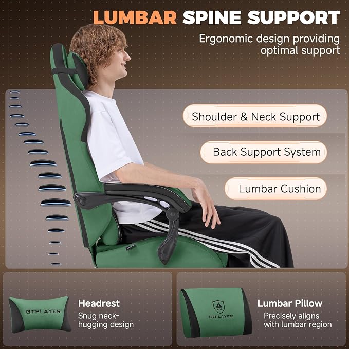 GTPLAYER Gaming Chair with Footrest, Ergonomic Office Chair 400lbs Heavy Duty, Big and Tall Computer Desk Chair with Lumbar Support and Headrest, Breathable Plush Fabric, 90-155° Recline Green