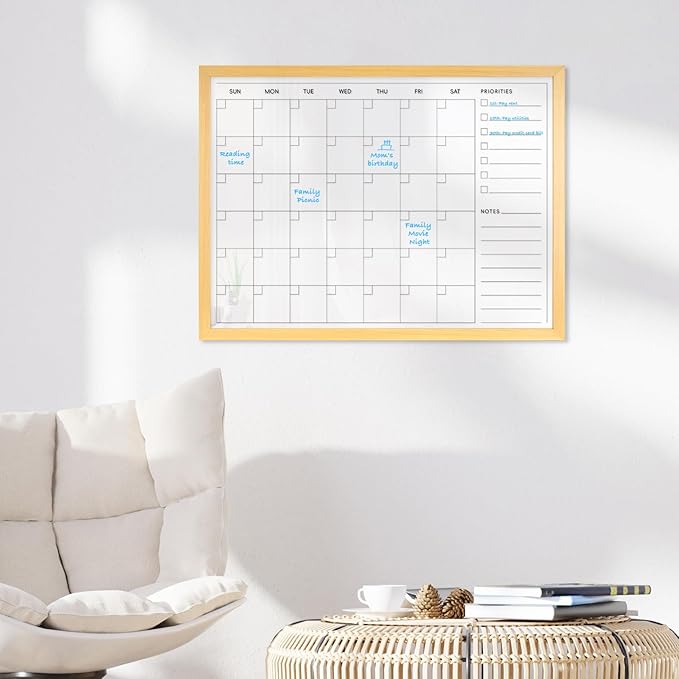 Large Acrylic Calendar for Wall, 24" X 18" Wood Grains Frame Clear Acrylic Wall Calendar, Clear Wet & Dry Erase Board Hanging Monthly Planner for Office, Home or School