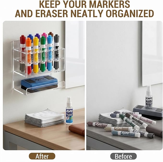MyGift Dry Erase Marker Holder 10 Slots Whiteboard Marker Holder For Wall Dry Erase Eraser Holder Wall Mount Clear