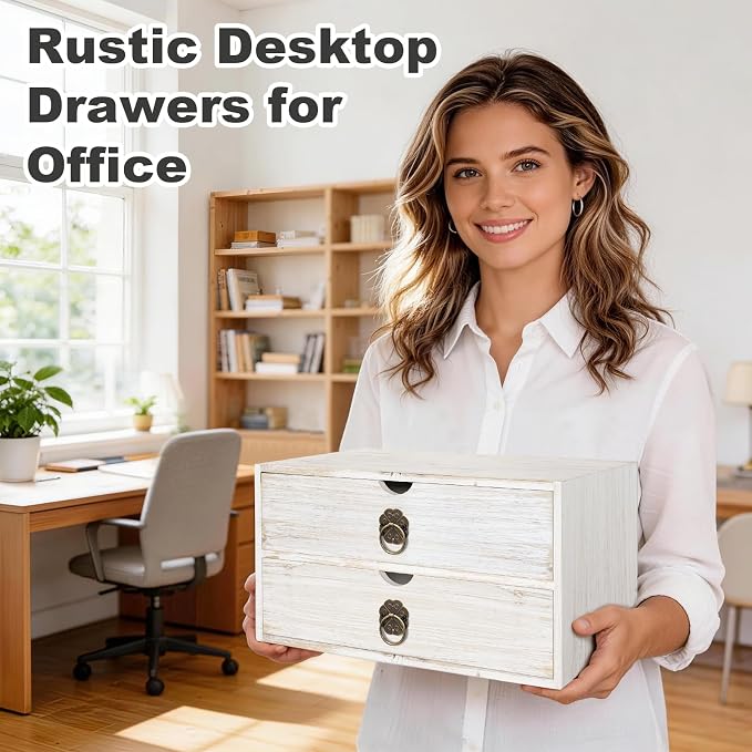 Wood Desk Organizer, White Wooden Desktop Organizer with Drawer, Tabletop Storage Organization Box for Countertop, Home Office Supplies, Bills (2 Drawer)