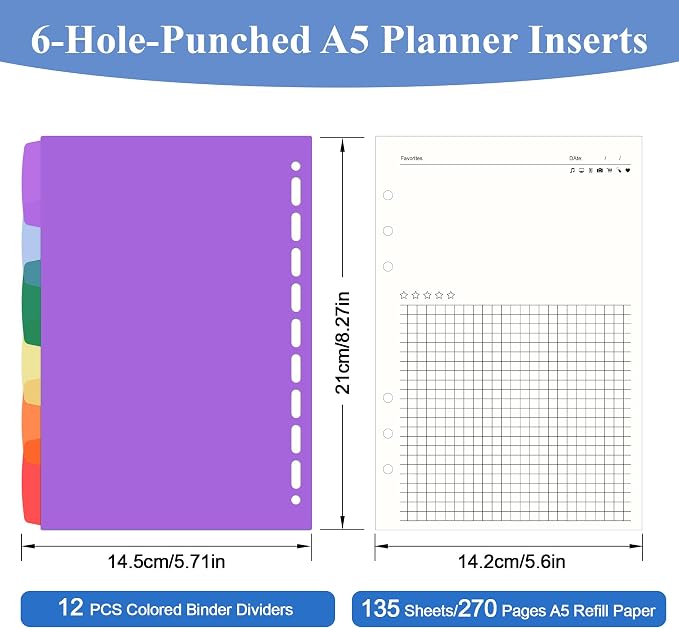 Antner A5 Refill Paper Planner Inserts for A5 6-Ring Binder, 135 Sheets 6-Hole Note Record Refills Blank&Grid Loose Leaf Filler Paper with Binder Dividers for Refillable Notebook, Journal, Sketchbook