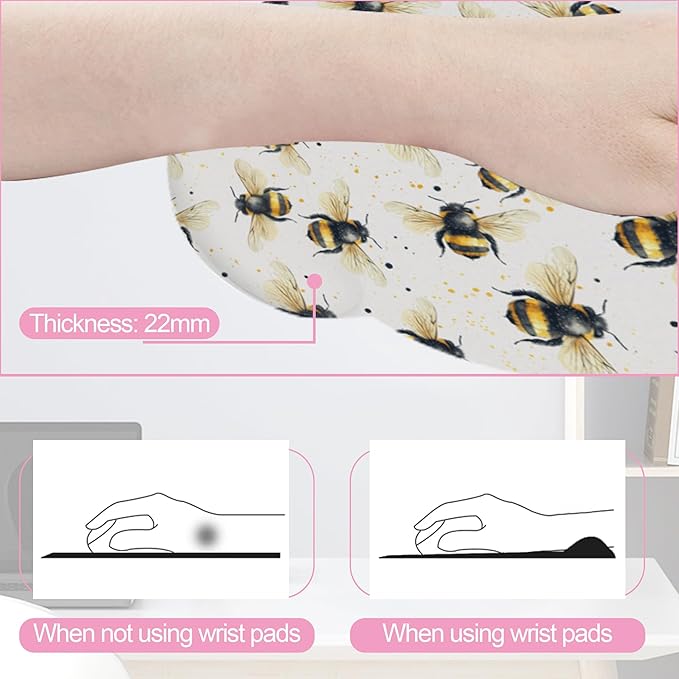 Cute Bee Mouse Pad with Wrist Rest Set, 3-in-1 Wrist Support Mousepad Set, Gaming Mat Pad with Anti-Skid Base,Ergonomic Memory Foam Mouse Pad Set for Women, Office, Typing, Gaming