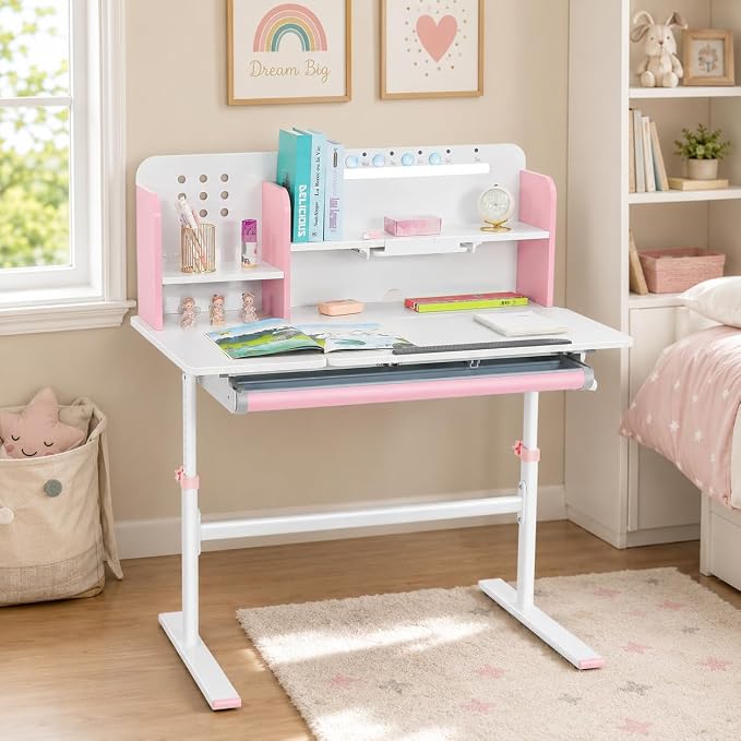 39in Wide Adjustable Height Kids Desk with Tilting Desktop, Bookshelf Hutch | Height-adjustable study desk with steel frame, drawer and bookshelf hutch for reading, writing and drawing, Ages 3-12