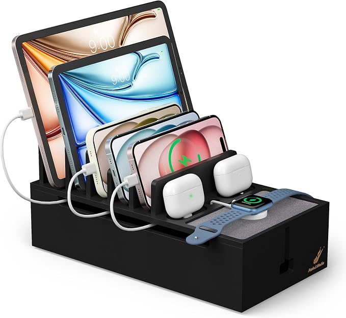 Pezin & Hulin Bamboo Cable Management Box, No Power Adapter -Black | Wire Organizers for Cords, Charge Station Box, Desktop Dock Organizer Rack for Electronic Device (Include 6 Cables)