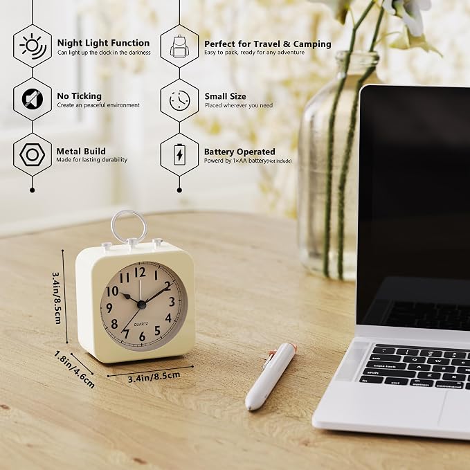 AYRELY® Small Metal Alarm Clock, Desk and Table Clock for Travel | Battery Operated Retro Silent Clock with Light for Bedroom, Bedside, Shelf and Living Room Decor (White)