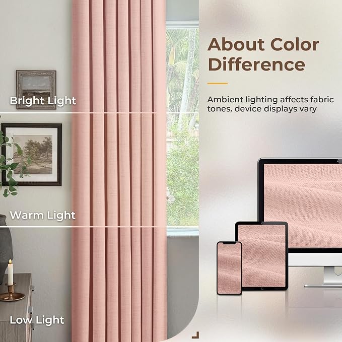 INOVADAY 100% Blackout Curtains for Bedroom, Blush Pink Black Out Curtains 80 Inch Long, Clip Rings Linen Blackout Drapes, Thermal Insulated Room Darkening for Living Room, 2 Panels - W50xL80
