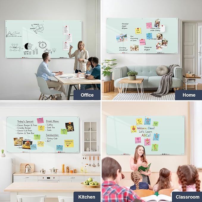 Glass Dry Erase Board, 96 x 48 Inches Magnetic Glass Whiteboard for Wall, 8' x 4' Large White Board for Office School Home Classroom, Wall Mounted