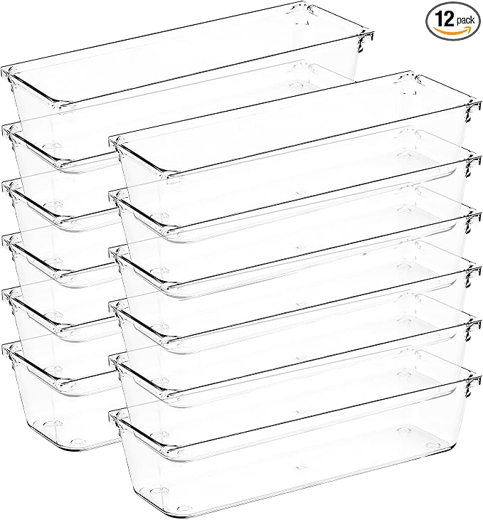12 Pack Drawer Organizers, 3"X 9" Clear Acrylic Storage Bins | Acrylic Tray Design, Non-Slip Pads, Desk Storage Helper, For Makeup, Jewelry, Kitchen, Bathroom, Office Organization