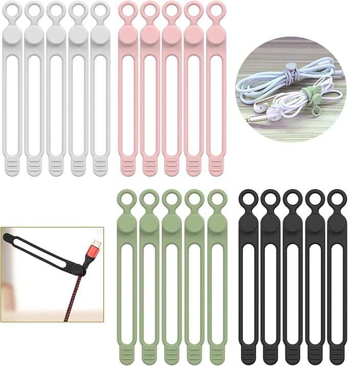 20Pcs UMUST Silicone Cable Ties, Cable Management Cord Organizer Multicolor | Reusable Cord Ties, Cable Strap Tie for Bundling Electronics Wire,Home Office Travel Essentials Accessories 4.2inch