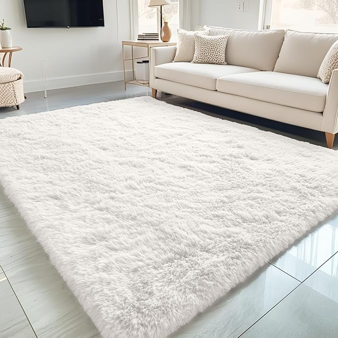 OLANLY 5x5 Area Rugs for Living Room Bedroom, Machine Washable Soft Fluffy Shaggy Bedside Rug, Indoor Floor Carpet for Kids Girls and Boys, Dorms, Nursery Rooms, Home Decor Aesthetic, Ivory