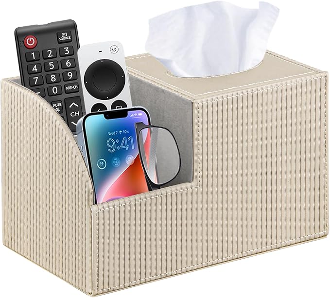 PU Leather Square Tissue Box Cover with Storage,Facial Tissue Box Holder | Multi-Functional Tissue and Remote Control Holder,Cube Tissue Box Organizer/dispenser for Bathroom,Nightstand,End Table Decor