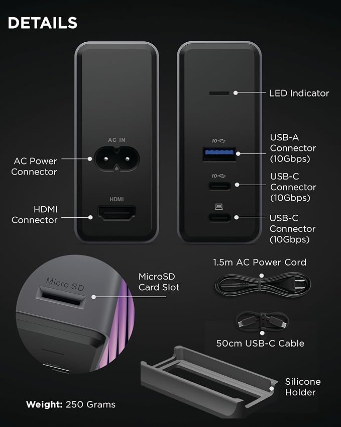 Lenovo GaN Charging Dock, Multiport Docking Station w/ 60W PD, HDMI, USB-C, USB-A, Micro SD, Power Adapter & Dock in One, Compact Design, Sustainable Materials, Home Office Gaming Dock Stand Console