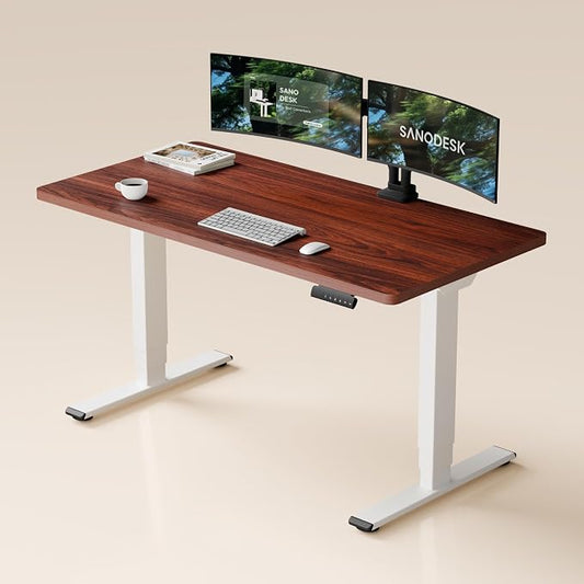 SANODESK Dual Motor Standing Desk 220lbs Height Adjustable Desk | 55"x28" Spacious One-Piece Mahogany Desktop & White Frame, 4 Memory Presets, 3-Stage Legs, 220lbs, 2-Box for Home & Office