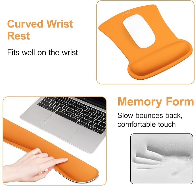 MOSISO Wrist Rest Support for Mouse Pad & Keyboard Set, Ergonomic Mousepad Non-Slip Base Home/Office Pain Relief & Easy Typing Cushion with Neoprene Cloth & Raised Memory Foam, Orange