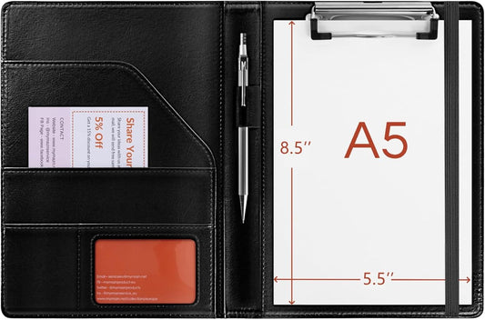 Small Clipboard Junior Padfolio Folio 7 x 9 Writing Pad Refillable, Mymazn Faux Leather Folder A5 for Notepad 5 x 8 Junior Size Portfolio (Black)