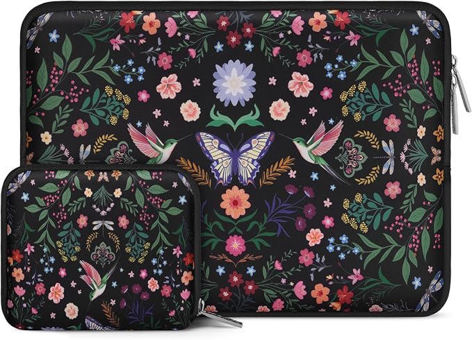 MOSISO Laptop Case 16 inch, 15-15.6 inch Laptop Sleeve Bag Compatible with MacBook Pro 16 M5 M4 M3 M2 M1, HP Acer Dell Lenovo ASUS, Neoprene Hummingbird Plants Flowers Bag with Small Case, Black