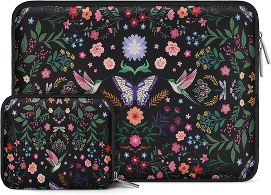 MOSISO Laptop Case 13.3 inch, 13-14 inch Laptop Sleeve Bag Compatible with MacBook Air/Pro 13/Pro 14, HP Dell ASUS Lenovo, Neoprene Hummingbird Plants Flowers Computer Bag with Small Case, Black