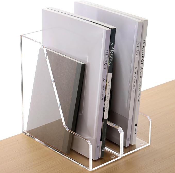 HeZone Acrylic Magazine Rack File Holder Desk Organizers and Storage 2-Pack Small Clear Acrylic Vertical Magazine Holder Book Stand for Office Desk