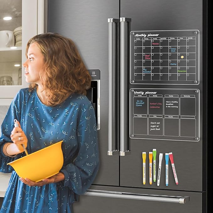 WALGLASS Acrylic Calendar for Fridge, Monthly Clear Acrylic Magnetic Dry Erase Board for Refrigerator, Set of 2 Stronger-Magnetic Reusable Fridge Planner, Includes 6 Liquid Chalk Markers