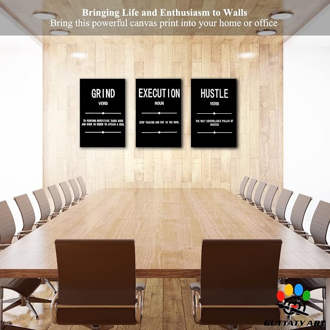 Office Wall Art - 3 Panel Motivational Wall Art, Inspirational Quotes Canvas Art for Home Office Wall Decor, Positive Quotes Wall Decor, Entrepreneur Grind Hustle Execution Poster Frame (24”x36”x3Pcs)