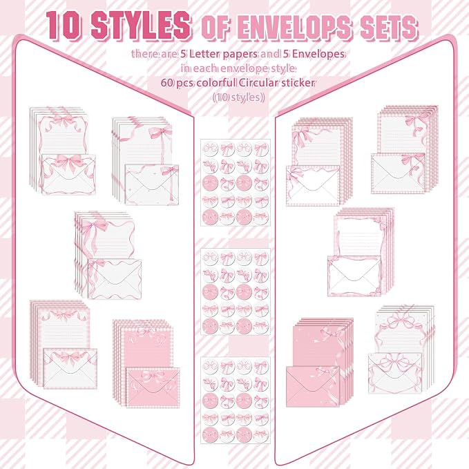 TaoBary 160 Pcs Pink Bow Stationery Paper Set for Girls with Stationery Letter and Envelopes 50 Double Sided Papers with 50 Matching Envelopes and 60 Round Dot Sticker 10 Design (5.5 x 8.25 Inch)