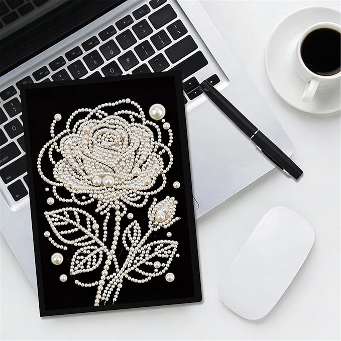 FRANDEK Pearl Painting Notebook Kit, Black and White Rose A5 DIY Journal with 50 Blank Pages, Diamond Gem Art Cover with Waterproof Canvas, Beginner Craft Set with Full Tools for Adults