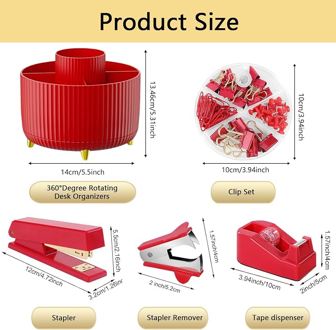 Office Supplies,Red Desk Accessories,Office Supplies Set,Desk Organizer,Stapler,Tape Dispenser,Scissors,Staple Remover,Binder Clips,Staples,Ballpoint Pen,Index Tabs with Ruler,Clear Tape.10pcs