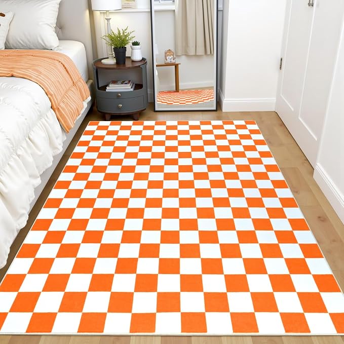 Terrug Orange and White Checkered Rug for Bedroom,4x6 Area Rugs Washable with Non Slip for Living Room,Soft Low Pile Stain Resistance Retro Carpet for Dorm Kids Room