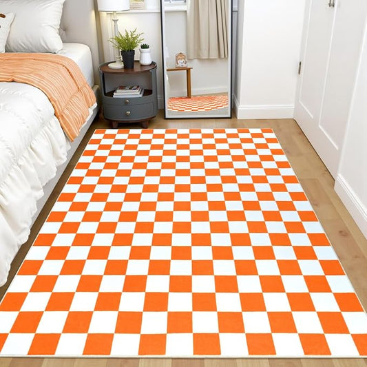 Terrug Orange and White Checkered Rug for Bedroom,4x6 Area Rugs Washable with Non Slip for Living Room,Soft Low Pile Stain Resistance Retro Carpet for Dorm Kids Room